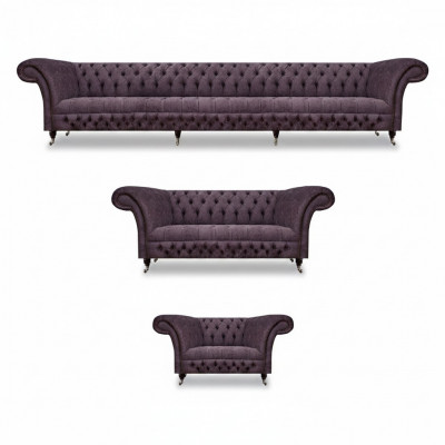 Luxus Design Canapé-Set 3tlg Chesterfield Lila Wunnzëmmer Polstersofaen