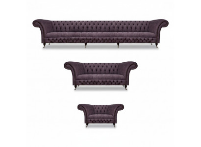 Luxus Design Canapé-Set 3tlg Chesterfield Lila Wunnzëmmer Polstersofaen