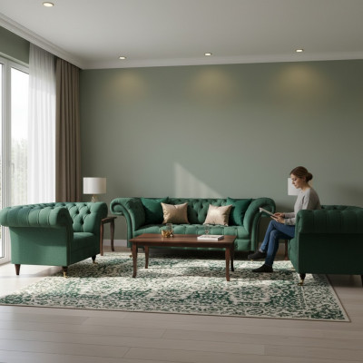 Komplett Set 3-Stéck Wunnzëmmer 2x Sessel mam Dräisëtzer Sofa Couch Chesterfield