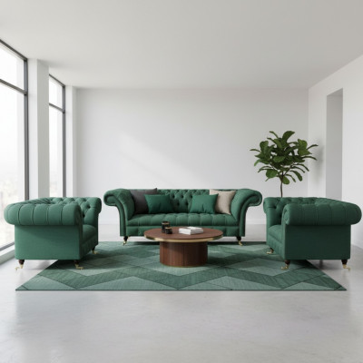 Komplett Set 3-Stéck Wunnzëmmer 2x Sessel mam Dräisëtzer Sofa Couch Chesterfield