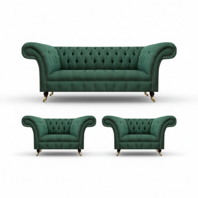 Komplett Set 3-Stéck Wunnzëmmer 2x Sessel mam Dräisëtzer Sofa Couch Chesterfield