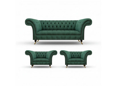 Komplett Set 3-Stéck Wunnzëmmer 2x Sessel mam Dräisëtzer Sofa Couch Chesterfield