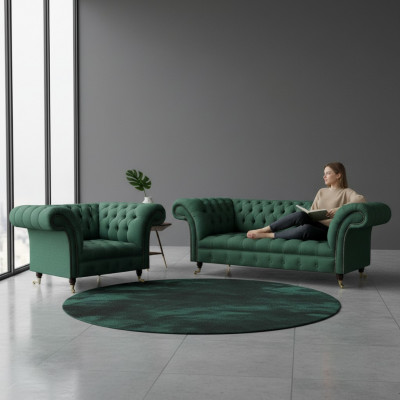 Luxus Wunnzëmmer Komplett Gréng Dräisëtzer Canapé Chesterfield Fauteuil Neie Set