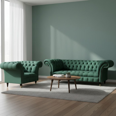 Luxus Wunnzëmmer Komplett Gréng Dräisëtzer Canapé Chesterfield Fauteuil Neie Set