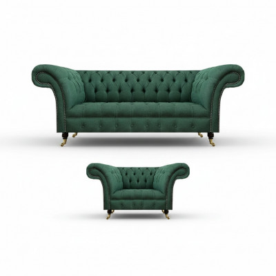 Luxus Wunnzëmmer Komplett Gréng Dräisëtzer Canapé Chesterfield Fauteuil Neie Set