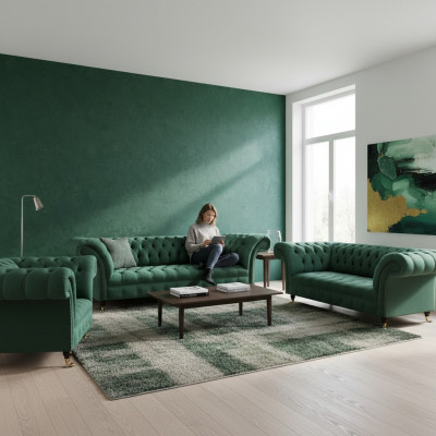 Luxus Sofaen Gréng Komplett Sofa-Garnitur Polstermébel Wunnzëmmer Couch Stoff