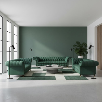 Luxus Sofaen Gréng Komplett Sofa-Garnitur Polstermébel Wunnzëmmer Couch Stoff