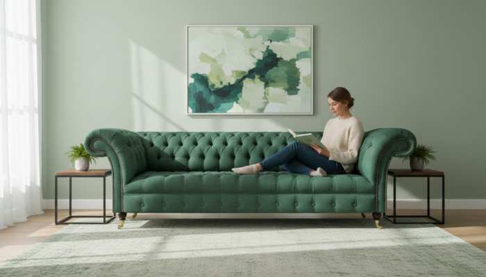 Polsterméiwelluxus Véiersëtzer Sofa Canapé Gréng Wunnzëmmer Chesterfield