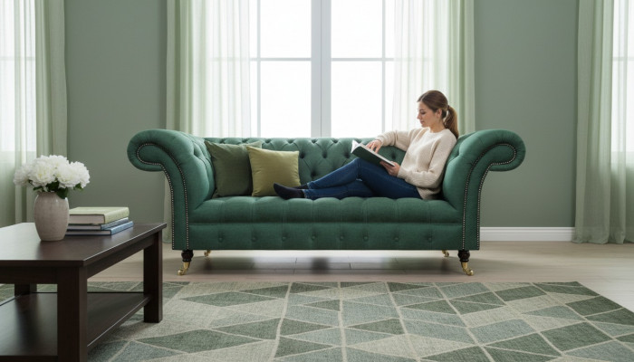 Luxus Dräisëtzer Sofa Couch Chesterfield Wunnzëmmer Gréng Polstersëtz Nei