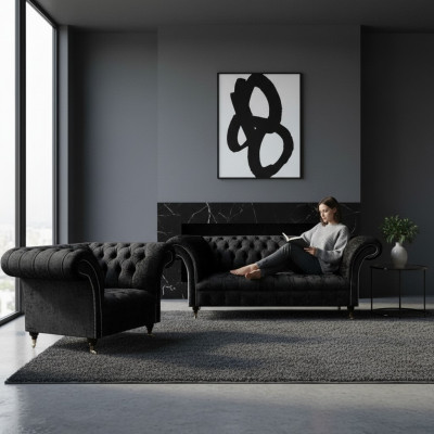 Schwaarz Komplett Chesterfield Polstersëtz Ariichtung Luxus Living.