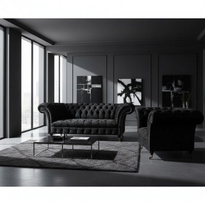 Schwaarz Komplett Chesterfield Polstersëtz Ariichtung Luxus Living.