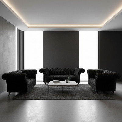 Luxus Schwaarz Komplett Chesterfield Canapé-Set Wunnzëmmer Fauteuil Nei
