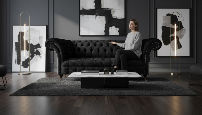 Luxus Dräisëtzer Canapé Couch Wunnzëmmer Chesterfield Stoff Polstermiewel
