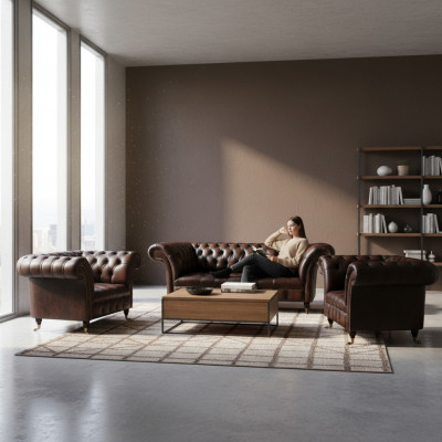 Luxus brong Lieder-Sofa-Set Wunnzëmmer 2x Fautel Dräisëtzer Couch Chesterfield