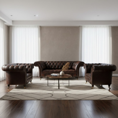 Luxus brong Lieder-Sofa-Set Wunnzëmmer 2x Fautel Dräisëtzer Couch Chesterfield