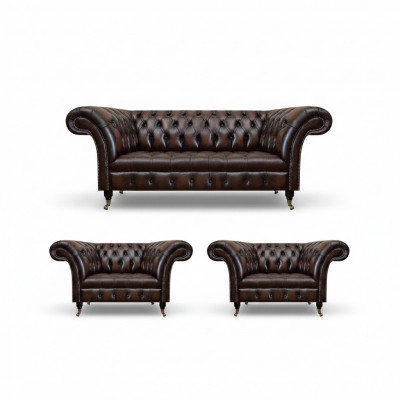 Luxus brong Lieder-Sofa-Set Wunnzëmmer 2x Fautel Dräisëtzer Couch Chesterfield