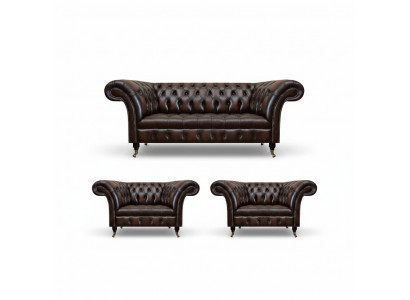 Luxus brong Lieder-Sofa-Set Wunnzëmmer 2x Fautel Dräisëtzer Couch Chesterfield