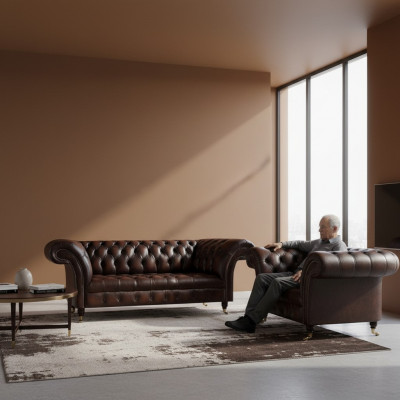 Wunnzëmmer Set 2tlg Drësëtzer Sofa Couch Chesterfield Fautëuil Neit Polstermöbel