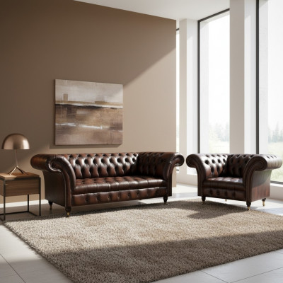 Wunnzëmmer Set 2tlg Drësëtzer Sofa Couch Chesterfield Fautëuil Neit Polstermöbel
