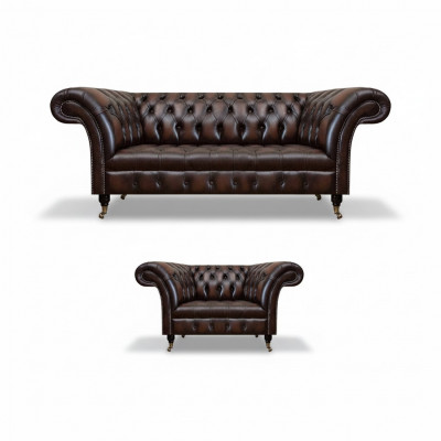 Wunnzëmmer Set 2tlg Drësëtzer Sofa Couch Chesterfield Fautëuil Neit Polstermöbel