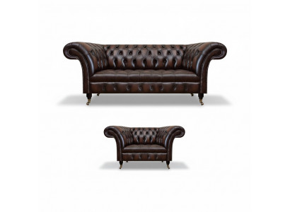 Wunnzëmmer Set 2tlg Drësëtzer Sofa Couch Chesterfield Fautëuil Neit Polstermöbel