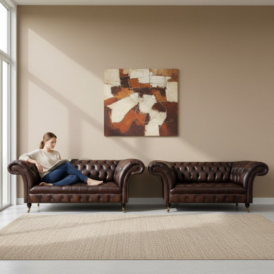 Chesterfield brong Sofa Set Dräisëtzeger Sofa Couch Zwéisëtzeger Wunnzëmmer Nei