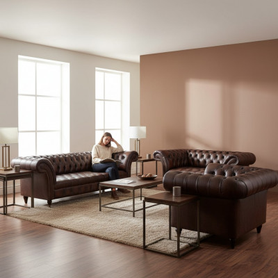 Chesterfield Lieder Braun Wunnzëmmer Polstermebel Sofasen Set Luxus Ariichtung