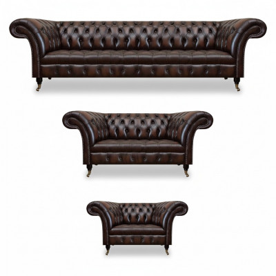 Chesterfield Lieder Braun Wunnzëmmer Polstermebel Sofasen Set Luxus Ariichtung