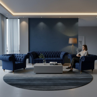 Wunnzëmmer Set 3tlg Chesterfield Blo Luxus Dräisëtzer Sofa 2x Sëtz nei