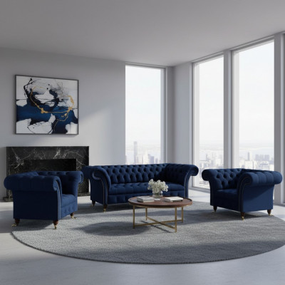 Wunnzëmmer Set 3tlg Chesterfield Blo Luxus Dräisëtzer Sofa 2x Sëtz nei