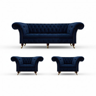 Wunnzëmmer Set 3tlg Chesterfield Blo Luxus Dräisëtzer Sofa 2x Sëtz nei