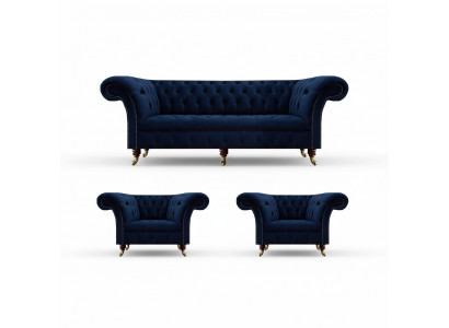 Wunnzëmmer Set 3tlg Chesterfield Blo Luxus Dräisëtzer Sofa 2x Sëtz nei
