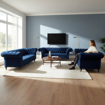 Design Miwwelen Komplett 3-deelege Wunnzëmmer Sofas Couch Chesterfield 4+2+1 Textil