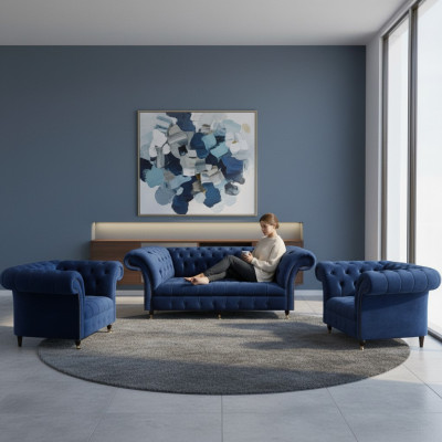 Chesterfield Luxus Miwwelen 2x Sëtz Still Dräisëtze Sofa Couch Wunnzëmmer 3+1+1