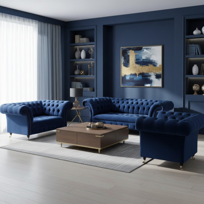 Wunnzëmmer 3tlg Luxus Komplett Sofas Chesterfield Textil Ariichtung Fotell