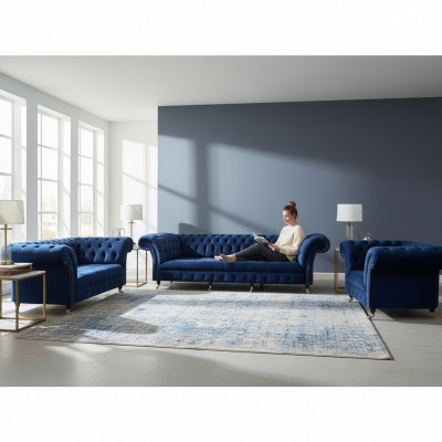 Wunnzëmmer Set 3tlg Chesterfield Blo Textil Luxus Sofas Design Ariichtung