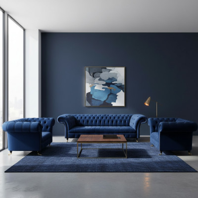 Wunnzëmmer Set 3tlg Chesterfield Blo Textil Luxus Sofas Design Ariichtung