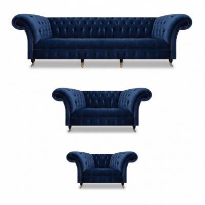 Wunnzëmmer Set 3tlg Chesterfield Blo Textil Luxus Sofas Design Ariichtung