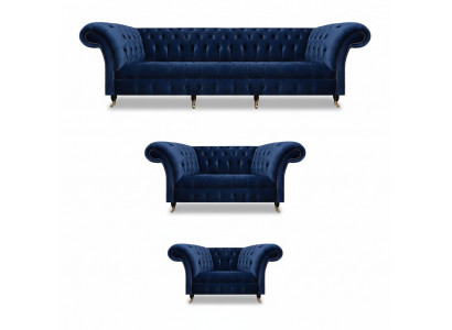 Wunnzëmmer Set 3tlg Chesterfield Blo Textil Luxus Sofas Design Ariichtung