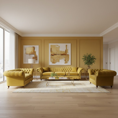 Chesterfield Sofas Set Luxus Komplett Wunnzëmmer Polstermiwwelen Ariichtung