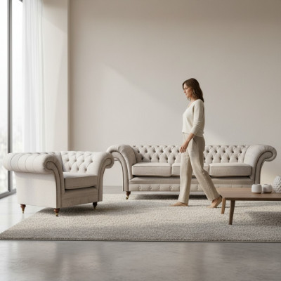 Grou Luxus Set Sofa Dräisëtzeger Couch Chesterfield Fauteuil Wunnzëmmer