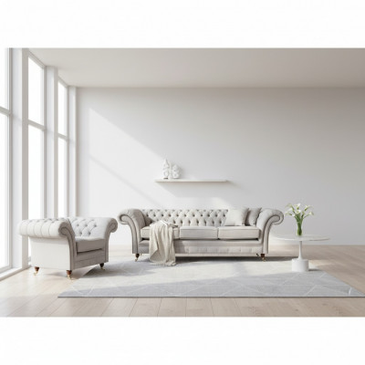 Grou Luxus Set Sofa Dräisëtzeger Couch Chesterfield Fauteuil Wunnzëmmer