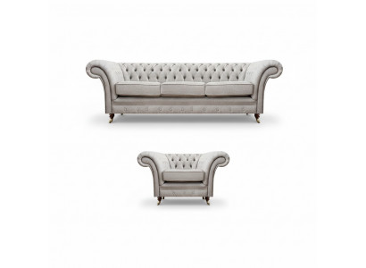 Grou Luxus Set Sofa Dräisëtzeger Couch Chesterfield Fauteuil Wunnzëmmer