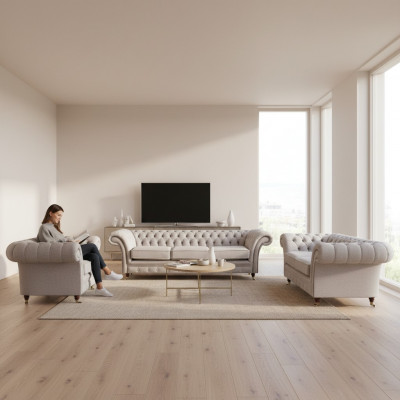 Wunnzëmmer Sofas Komplett Fauteuil Luxus Sëtz Grom Chesterfield Polstermöbel