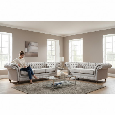 Luxus Set 2tlg Dräisëtzer mat Zweisëtzer Sofae Chesterfield Polstermiwwel Sëtz