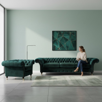 Luxus Komplett Wunnzëmmer Sofa Canapé Dräisëtzer Nei Chesterfield Fotell
