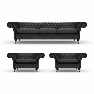 Chesterfield Schwaarz Polstermöbel Sofasett 3 Deeler Wunnzëmmer 3+1+1