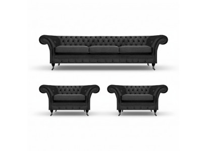 Chesterfield Schwaarz Polstermöbel Sofasett 3 Deeler Wunnzëmmer 3+1+1