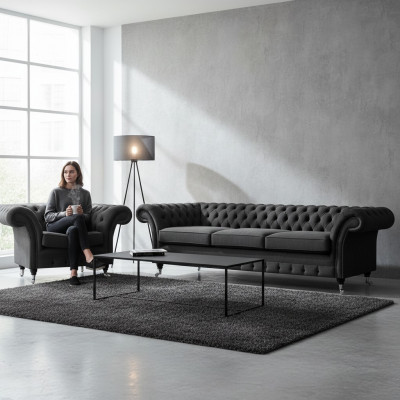 Wunnzëmmer Polstermiwwelen Schwaarz Dräisitzer Sofa 3+1 Fotell Chesterfield