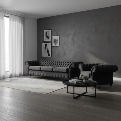 Wunnzëmmer Polstermiwwelen Schwaarz Dräisitzer Sofa 3+1 Fotell Chesterfield